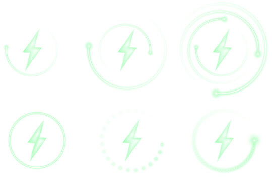 Neon energy wireless charging icons collection with glowing circular frames, bright lightning bolt signs, and modern inductive technology indicators for smartphone UI, tech dashboards, and power trans