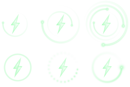 Neon energy wireless charging icons collection with glowing circular frames, bright lightning bolt signs, and modern inductive technology indicators for smartphone UI, tech dashboards, and power trans