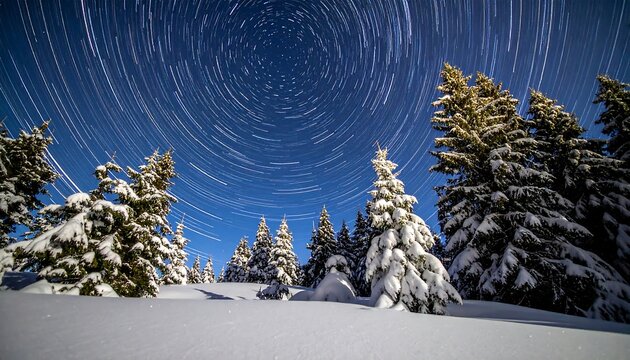 Star trails curve in the clear night sky above snow-covered evergreen trees in a serene, wintery landscape