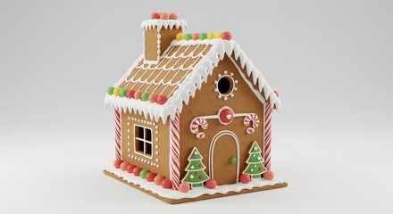 Festive Christmas Gingerbread House with Colorful Candy and Icing Decorations on White Background