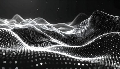 Abstract glowing wavy landscape made of dots, with a black background