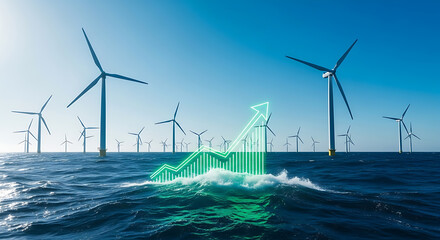 Wind turbines stand in the ocean with a glowing green upward trending graph in the foreground.