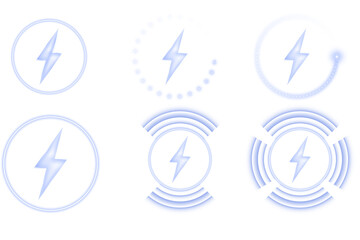 Wireless charging icon set in neon blue with glowing induction waves, electric bolt markers, and bright circular frames for fast-charge smartphone UI, battery indicators, and modern interface design
