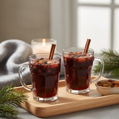 Hygge-Inspired Glogg with Cinnamon, Almonds, and Raisins on Tray 