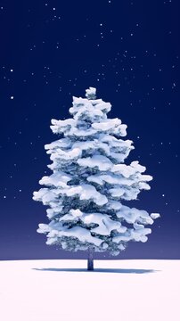 Animated Christmas tree rotating 360 degrees with snow falling on a blue background. Seamless loop. 3D animation.