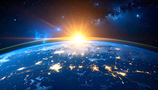 Earth view with glowing sun and city lights, amidst starry space and blue hues, highlighting global connectivity
