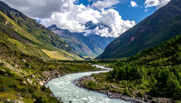 River flows through valley flanked by lush green hills, leading to snowy mountain peaks under a cloudy blue sky - Powered by Adobe
