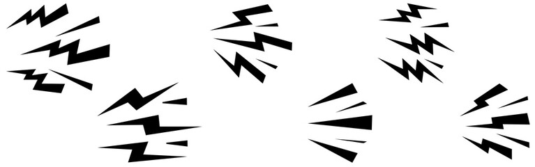 set of black arrows, Lightning bolt icon. Flash symbol, thunderbolt, blitz lightnings strike sign. Electric energy black silhouettes, power concept. Vector isolated dynamic sports logo set