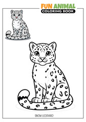 Snow Leopard Sitting Coloring Book Page for Kids with a Full Color Reference