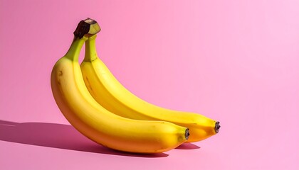 Three ripe yellow bananas clustered against a bright pink background, casting sharp shadows in strong sunlight