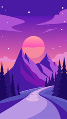 Illustration of mountains and trees at sunset time