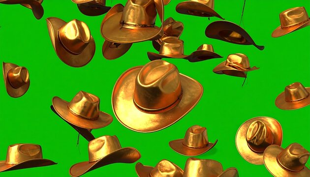 Golden cowboy hats float against a bright green background, creating an abstract and eye-catching pattern