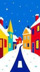 Obraz premium Colorful winter town street scene with snow falling