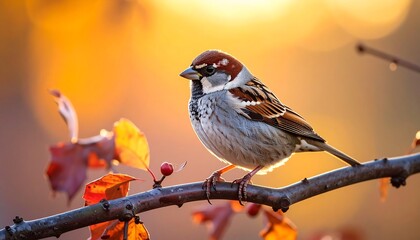 Small brown bird perches on a branch with fading red leaves bathed in warm sunlight, creating a serene, golden atmosphere