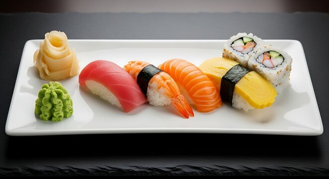 Elegant sushi assortment presented on a clean plate with salmon, tuna, and rice rolls for premium Japanese cuisine advertising. - Powered by Adobe