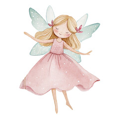 Watercolor Fairy Clipart PNG – Pink Dress Flying Fairy Illustration