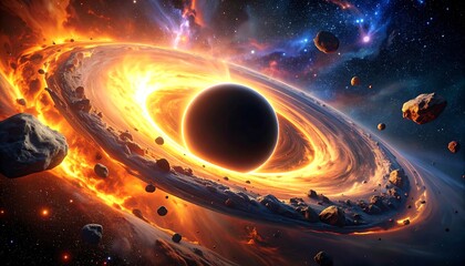 Black hole with fiery accretion disk and scattered asteroids against a starry, colorful space background