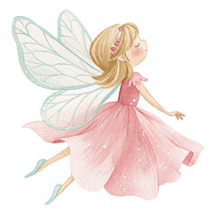 Watercolor Fairy Clipart PNG – Pink Dress Flying Fairy Illustration