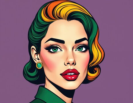 Stylish woman with retro hairstyle and vivid makeup looks forward. Her green eyes and red lips create a striking contrast. Elegant lady wears bold earrings and green outfit.