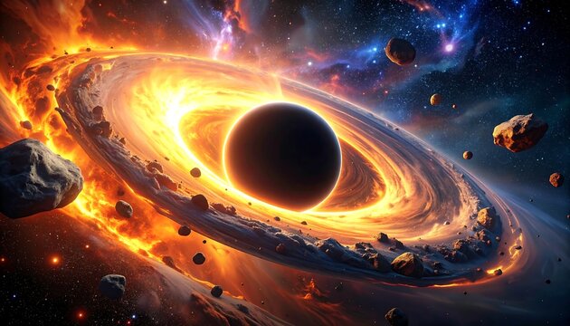 Black hole with fiery accretion disk and scattered asteroids against a starry, colorful space background