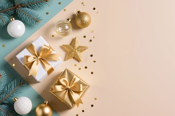Christmas and New Year flat lay: golden and white gift boxes, festive ornaments, and blue spruce branches on a pastel beige and teal background. Copy space for text.