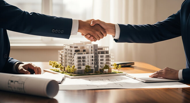 Business partners shaking hands over an architectural model, blueprints and documents on a wooden table in an office