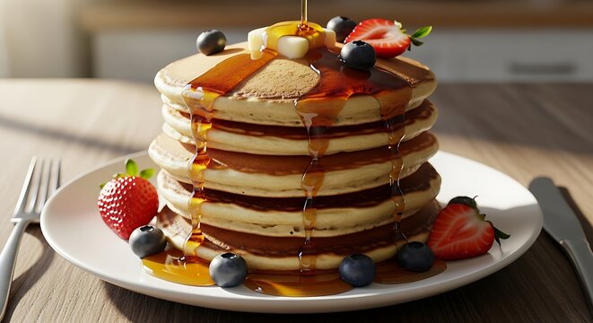 Golden fluffy pancakes layered with berries and syrup, gourmet breakfast styling, detailed close-up photography with soft bokeh.