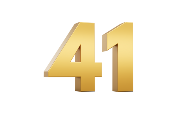 3D Golden number 41 Forty one with a shiny metallic finish and sharp edges, 3d illustration