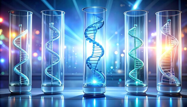 DNA strands displayed in tubes with a bright, futuristic, and scientific backdrop