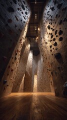 Dramatic Indoor Climbing Gym with Dramatic Spotlights and Textured Walls.
