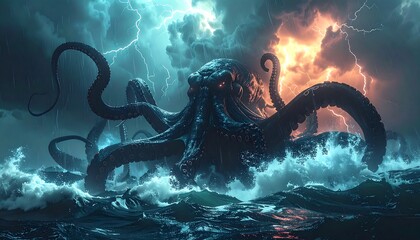 Ominous sea scene gigantic octopus emerging from stormy waves, lit by lightning and stormy sky