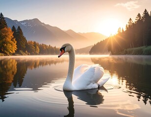 A swan floats gracefully on a misty lake at sunrise, mountains in the background