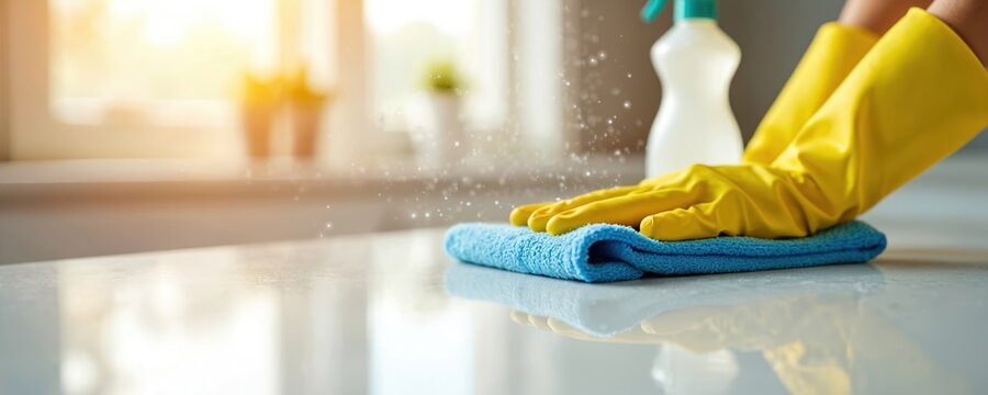 Hand in yellow rubber glove cleans kitchen counter with blue microfiber rag. Person sprays disinfectant solution, wipes table surface for total hygiene. Bright sun light shines on spotless home area,