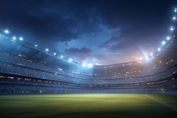 Vibrant illuminated football stadium at dusk filled with cheering crowd