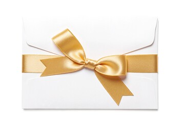 Blank gift card or invitation envelope with a golden satin ribbon bow