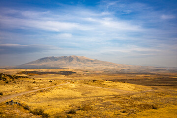 A large mountain is in the distance behind a dry, yellow field