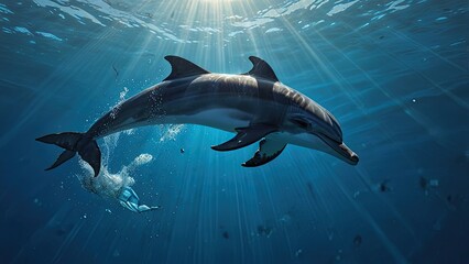 Fototapeta premium Dolphins Chase Small Fish in Shallow Sea