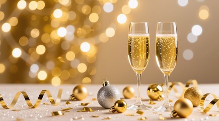 Two champagne flutes, gold and silver ornaments, ribbon, and glitter on a table, set against a shimmering bokeh background. Elegant New Year 2026 celebration banner.