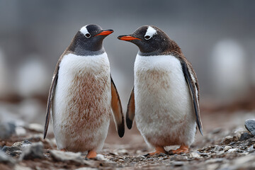 Gentoo penguin couple cuddling, courting, walking in wild nature, near snow and ice caves. Pair of two penguins as friends or in love. Bird behavior wildlife scene from nature in Antarctica.