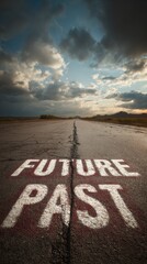 Dramatic Road to the Future and Past Under Stormy Sky, Conceptual Journey.