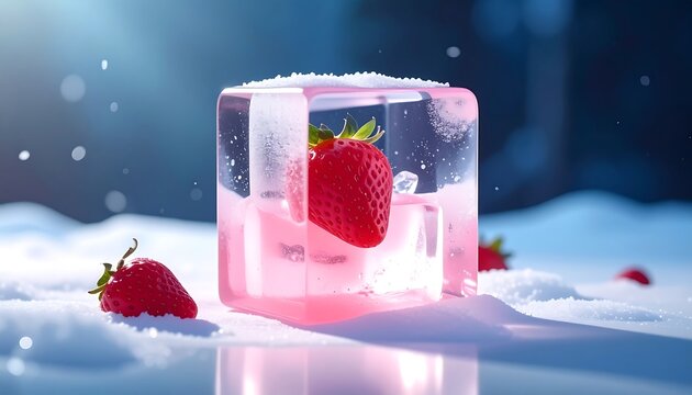 A vibrant strawberry, encased in a transparent, rosy ice cube, rests on snow with blurred background. Three red strawberries are scattered on the ground