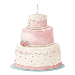 Watercolor Pink Birthday Cake Clipart – Three Tier Cake PNG