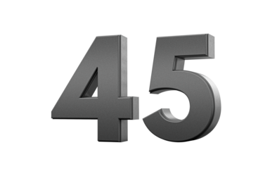 Sleek metallic Black number 45 Forty five with a glossy surface. 3d illustration