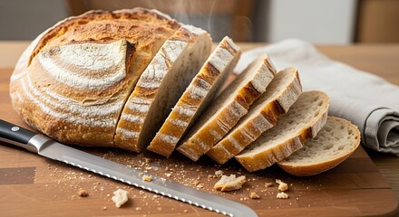 “Rustic artisan bread loaf sliced neatly on a wooden board, warm tones, crusty texture, fresh baked bread photography.