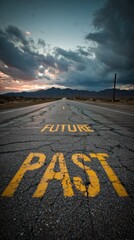 Dramatic Road to the Future - Past and Future Painted on Asphalt Under Stormy Sky.