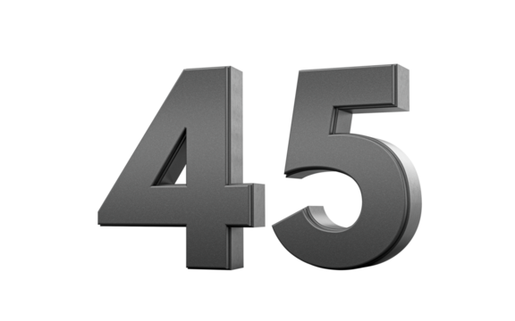 Sleek metallic Black number 45 Forty five with a glossy surface. 3d illustration
