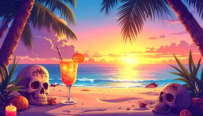 Vibrant sunset beach scene with palm trees, skulls, and a cocktail, bathed in warm, stylized colors