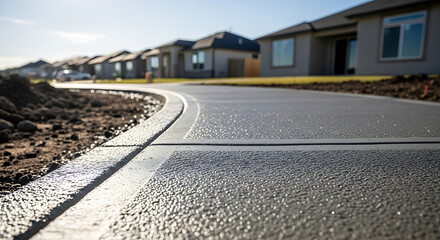 Newly poured concrete driveway curving in a residential neighborhood on a sunny day.