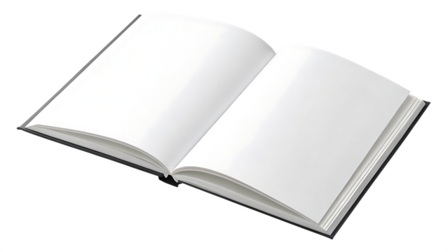Open book with blank white pages top view mockup cut out on PNG. AI generated.
