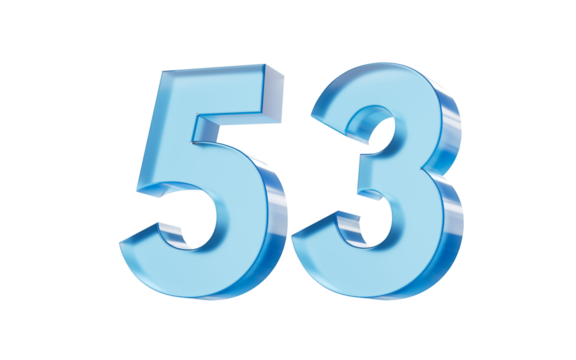 3d Glossy Blue number 53 Fifty three with a smooth finish and reflective highlights. 3d illustration